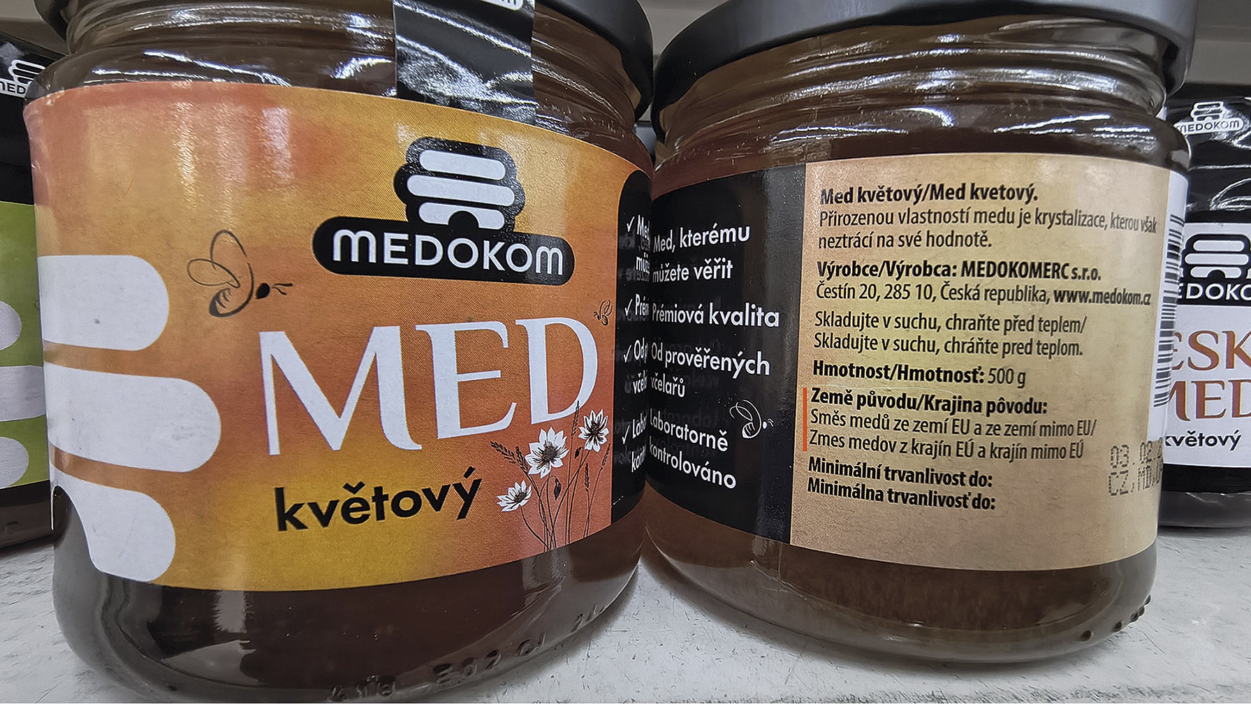 Sklenice s medem původem ze zemí EU a mimo EU